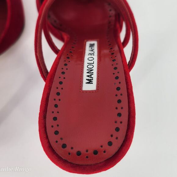 Manolo Blahnik Red Velvet Pom Pom Mule Heels 37.5 (US 6.5-7) - Picture 9 of 15
